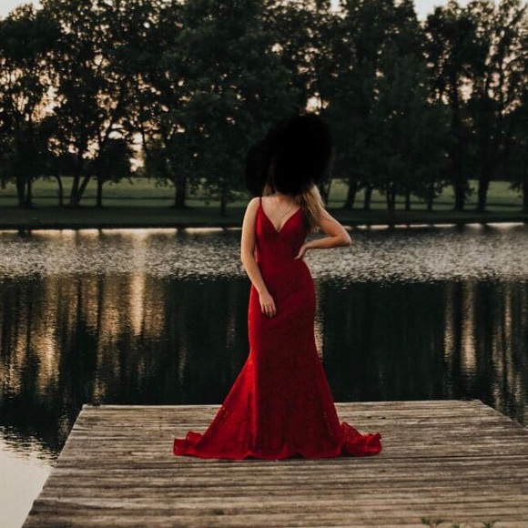 open lace back dress Poly USA 8680 Long Off Shoulder Illusion V-Neck Dress main image 1